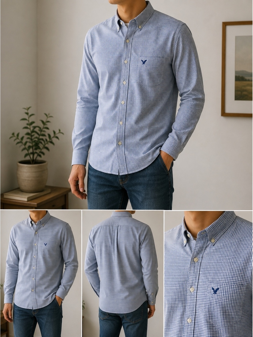 American Eagle Classic Fit Men's Dress Shirt XS Blue Checkered Cotton